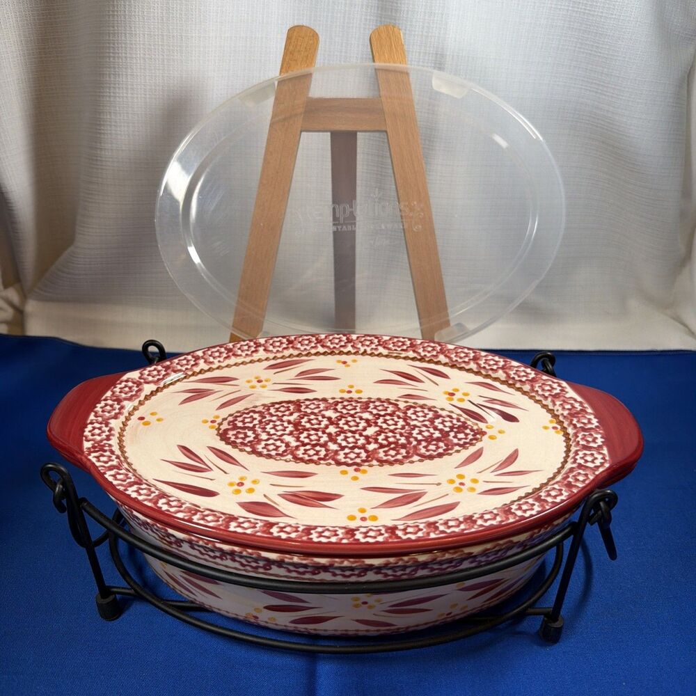 Temptations Old World Cranberry 2 Qt Oval Casserole Nesting Bowl Lid Rack Set